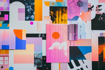 Poster - Vibrant collage of abstract art pieces displayed on a wall in a contemporary space during daytime. Generative AI