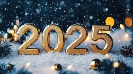 Wall Mural - Golden 2025 numbers on a snowy festive background for celebrations