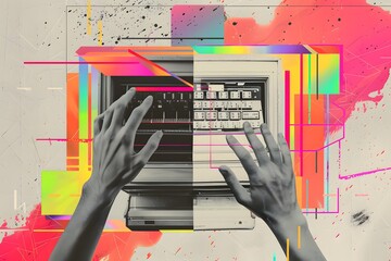 Two hands reach out towards a vintage computer against a colorful background.