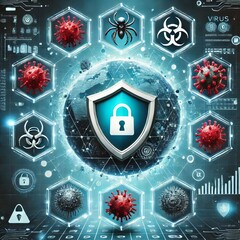 Poster - Cyber Threats with Virus and Shield Icons
