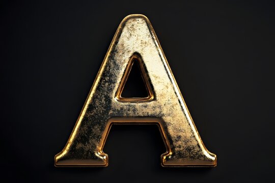 Golden letter A isolated on black background. 3D rendering