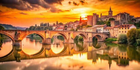 Wall Mural - Vintage Style Photography of Ville d'Albi's Old Bridge at Sunset, Capturing the Serene Beauty of the City and Its Historic Architecture in Soft Warm Tones and Golden Light