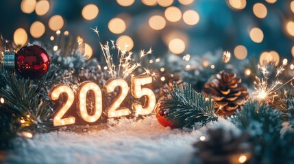 Wall Mural - Winter holiday wallpaper featuring 2025 with bokeh and sparklers