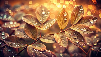 Wall Mural - Vintage Style Photography of Water Drops on Delicate Leaves Capturing Nature’s Beauty in Soft Focus with a Nostalgic Aesthetic