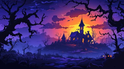 Wall Mural - A Silhouetted Haunted House in a Mystical Forest