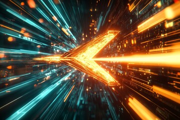 Fototapete - Digital arrow racing through a futuristic landscape filled with vibrant colors and light trails at high speed. Generative AI