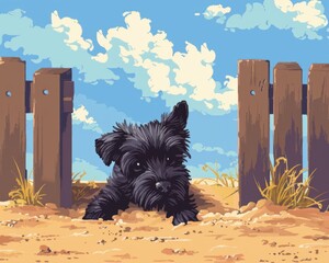 peek-a-boo puppy: a curious black puppy peeks playfully from behind a wooden fence, capturing a mome