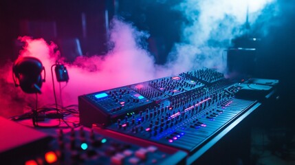 Poster - A vibrant music studio with synthesizers and fog effects.