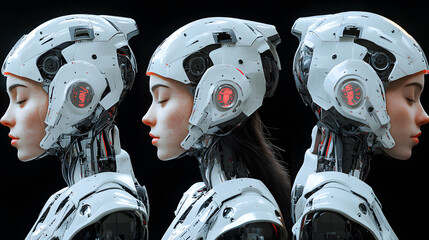 Poster - Collage of female humanoid robot invention on dark black background