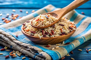 Poster - Whole Grain Rice Mix on Blue Towel with Wooden Spoon - A Culinary Delight for Health-Conscious Meals and Nutrition in Rustic Kitchen Style