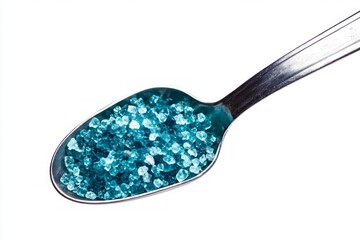Wall Mural - a close up of a spoonful of vibrant blue crystals. the shiny texture catches the light beautifully. 