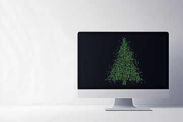 A modern holiday-themed image featuring a computer screen with a Christmas tree made of green code, set on a white minimalistic background. Perfect for tech-related campaigns and festive greetings