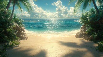 Sticker - Tranquil tropical beach with palm trees, white sand, and clear blue water.