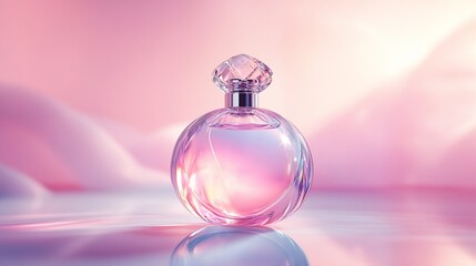 Poster - Elegant perfume bottle with a soft pink hue and reflective surface.