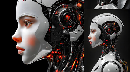 Poster - Collage of female humanoid robot invention on dark black background