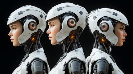 Poster - Collage of female humanoid robot invention on dark black background