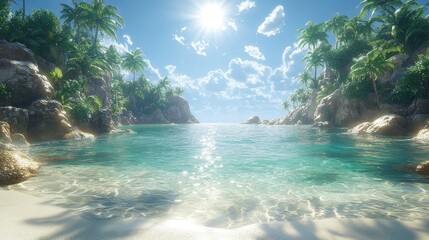 Sticker - Tropical beach with clear water and palm trees under a sunny sky.