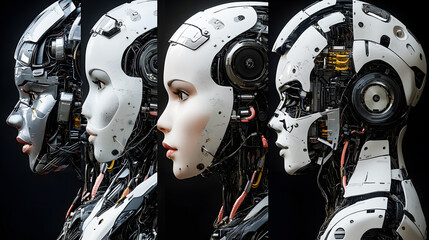 Poster - Collage of female humanoid robot invention on dark black background