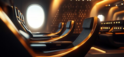 Poster - Interior view of an airplane cabin with modern seating design.