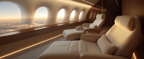 Aufkleber - Luxurious interior of a private jet with comfortable seating and large windows.