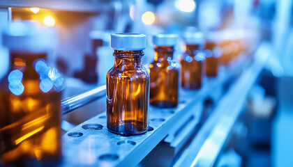 Poster - Bottling process of amber glass vials in a factory setting