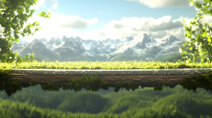 Aufkleber - A serene landscape featuring mountains, lush greenery, and a bright sky, creating a tranquil and picturesque natural scene