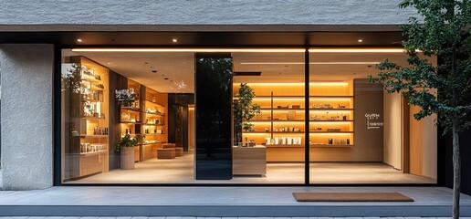 Poster - Modern storefront displaying products with warm lighting and greenery.