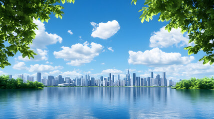 Aufkleber - A serene city skyline reflected in a calm lake, surrounded by lush greenery and a bright blue sky with fluffy clouds
