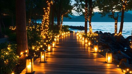 Poster - A serene walkway illuminated by glowing lanterns and fairy lights, leading towards a tranquil water body at dusk