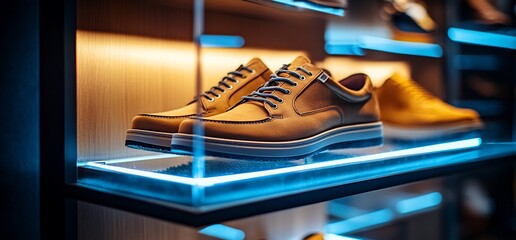 Aufkleber - Stylish shoes displayed on a modern shelf with ambient lighting.