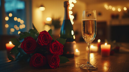 Romantic Candlelit Dinner Setup for Valentine\'s Day Celebration With Champagne and Roses