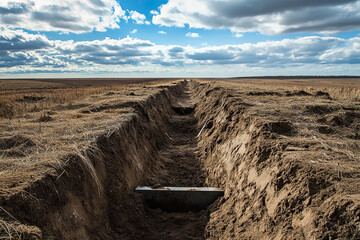 Trenches in a barren field, representing the harsh realities of ground combat