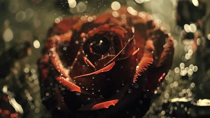 Wall Mural - Close view of a red rose adorned with water droplets while glistening in soft light during a serene moment of nature