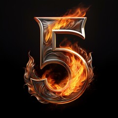 Canvas Print - metallic number 5 on fire. 3d illustration, art style design on black background