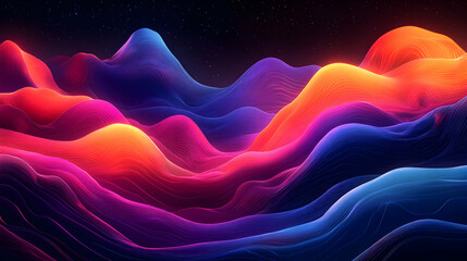 Wall Mural - Abstract Vibrant Landscape, Neon Waves Flowing Across a Starry Night Sky, Creating a Dreamlike, Colorful Background