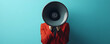 © HQAsset - Red-Suited Figure Concealing Face with Megaphone against Teal Background, Announcing Important Message, Bold Statement, Communication Concept