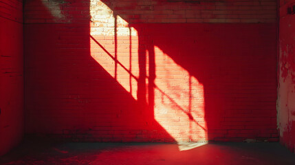 Wall Mural - Red Brick Wall with Window Shadow, Sunlight Illuminates Abstract Background