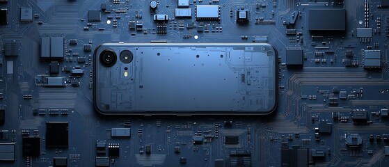 Poster - an elegant, intricate blueprint of a smartphone on a circuit board, symbolizing the intersection of 
