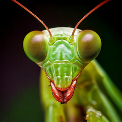 Wall Mural - An extreme close-up of a mantis's head, highlighting its bulging compound eyes, delicate antennae, and sharp mandibles. Background softly blurred for focus