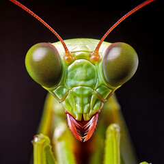 Wall Mural - An extreme close-up of a mantis's head, highlighting its bulging compound eyes, delicate antennae, and sharp mandibles. Background softly blurred for focus