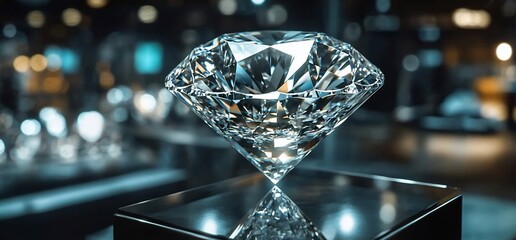 Poster - A sparkling diamond displayed on a reflective pedestal.