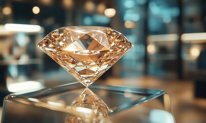 Poster - A sparkling diamond displayed on a glass stand in a showcase.