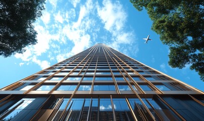 Poster - A towering modern skyscraper reaching towards a clear blue sky.