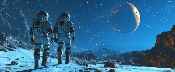 Poster - Astronauts exploring a distant moon landscape under a starry sky.