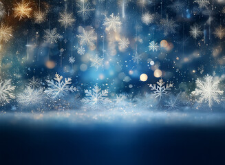 Poster - Falling snowflakes and sparkling lights create a magical winter scene.  A serene, snowy landscape shimmers beneath a blizzard of intricate ice crystals.