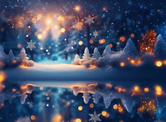 Aufkleber - Magical winter scene.  Snow-covered trees, glistening snowflakes, and warm lights reflect in a calm, frozen lake.  A serene and enchanting winter wonderland.