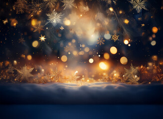 Aufkleber - A magical winter scene. Glowing lights and gold snowflakes softly fall onto a snowy surface, creating a festive, dreamy ambiance perfect for the holiday season.