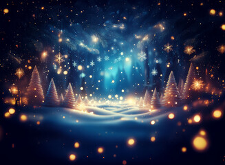 Poster - Magical winter scene: snow-covered forest bathed in ethereal light, snowflakes falling, creating a serene, enchanting atmosphere.
