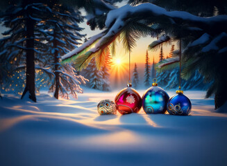Poster - A serene winter sunset scene.  Four colorful glass ornaments rest in the snow beneath a snow-laden pine branch, bathed in the warm glow of the setting sun.  A picturesque winter wonderland.