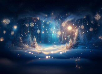 Poster - Enchanted winter forest scene.  Glowing light illuminates snow-covered trees and falling snowflakes. Magical, serene atmosphere.